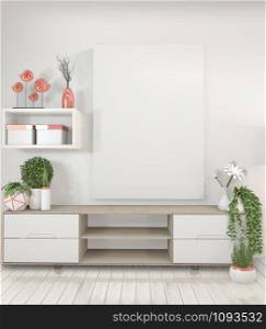 Mock up Tv shelf cabinet in modern empty room,mock up poster frame and white wall Japanese style. 3d rendering
