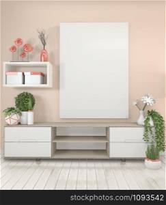 Mock up Tv shelf cabinet in modern empty room,mock up poster frame and pink wall Japanese style. 3d rendering