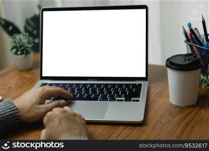 mock up Using laptop with blank screen computer modern. Copy space marketing and creative design