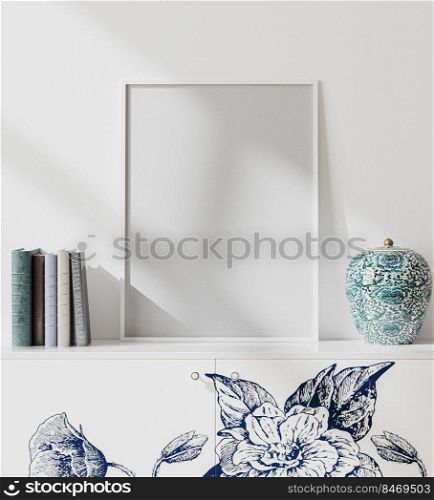mock up white blank poster frame in modern orient style interior with white wall, books and porcelain vase,  japaneese style, 3d rendering