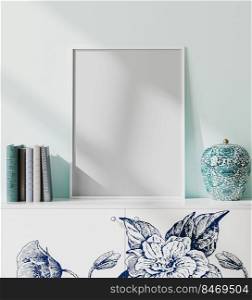 mock up white blank poster frame in modern orient style interior with light blue wall, books and porcelain vase, japaneese style, 3d rendering
