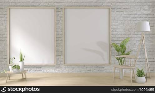 mock up white brick wall on floor wooden and decoration plants.3D rendering