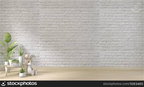 mock up white brick wall on floor wooden and decoration plants.3D rendering