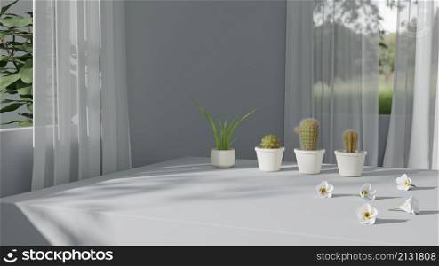 Mock up white concrete pedestal showcase podium stage with natural fresh plants for product presentation selective focus 3D rendering illustration