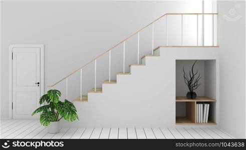 Mock up white empty room with staircase and decoration,modern zen style. 3D rendering