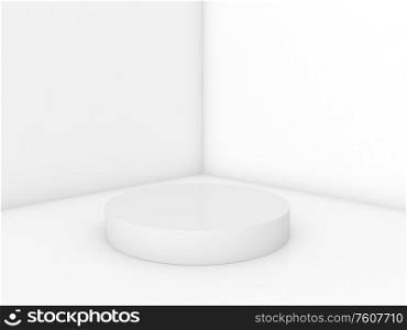 Mock up white round podium on a white background. 3d render illustration.. Mock up white round podium on a white background.