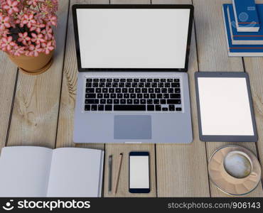 Mock up workspace on table with laptop, tablet, smart phone, book and coffee