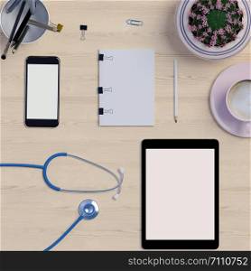 Mock up workspace on table with Stethoscope.