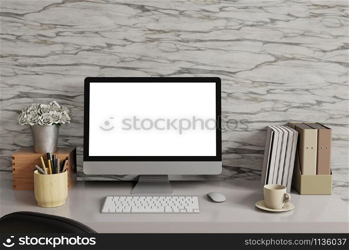Mock up workspace with Desk top computer white screen and marble wall.