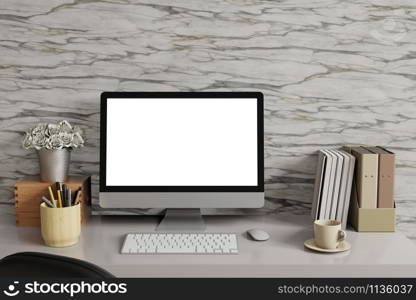 Mock up workspace with Desk top computer white screen and marble wall.