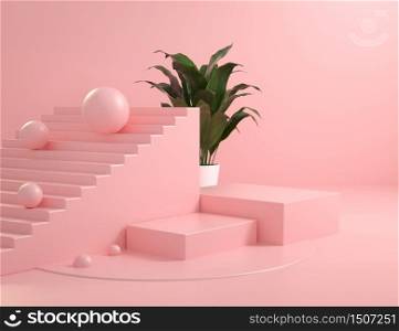 Mockup Abstract Pink Primitve Shape Square Podium With Plant Background 3d render