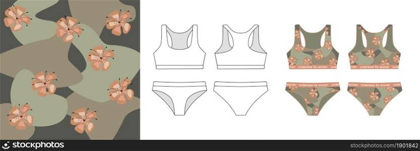 Mockup and pattern of sportswear for women. Front and back views. Flat style. Vector illustration