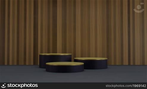 Mockup cylindrical black and gold pedestal showcase step podium stage on vertical wooden plank wall for product presentation 3D rendering illustration