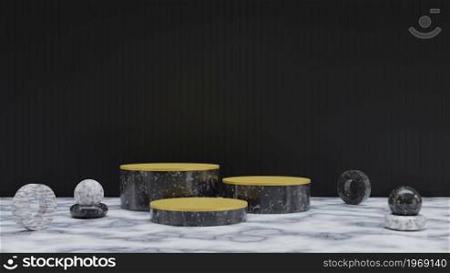 Mockup cylindrical marble pedestal showcase podium stage on white marble floor geometric marble object and vertical dark plank wall for product presentation 3D rendering illustration
