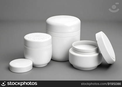 Mockup for cosmetics. White containers for cream. Neural network AI generated art. Mockup for cosmetics. White containers for cream. Neural network AI generated