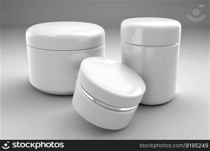 Mockup for cosmetics. White containers for cream. Neural network AI generated art. Mockup for cosmetics. White containers for cream. Neural network AI generated