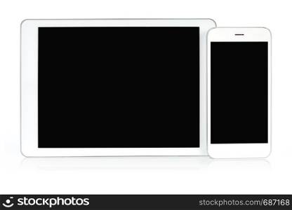 Mockup for responsive design presentation - white digital tablet and smartphone with blank screen.