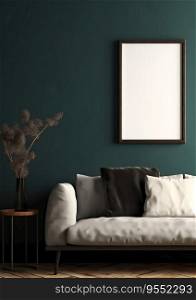 Mockup Frame in Dark Green Home Interior with Sofa and Fur