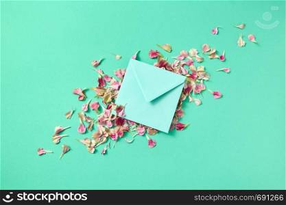 Mockup handmade envelope with flowers petals on a light turquoise background and place for text. Flat lay. Congratulation card.. Greeting post card with flowers petals and envelope on a light turquoise background.