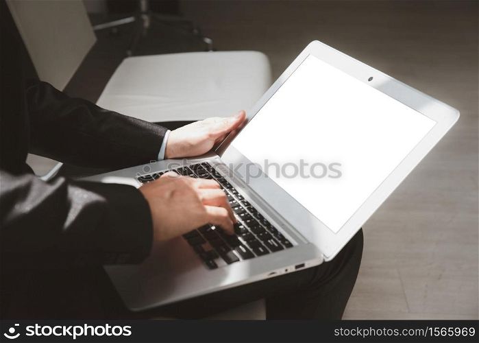 Mockup image blank screen laptop computer for your advertising text message.