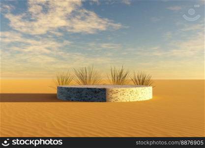 Mockup Minimal Display Podium On Sand, plants, 3D illustration Background