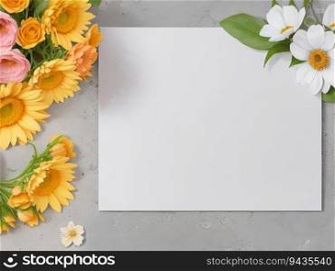 Mockup of a blank greeting card with flowers from a garden on a background of concrete. Generative AI.