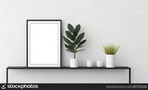 Mockup of a blank wooden photo frame in a contemporary setting. Generative AI.