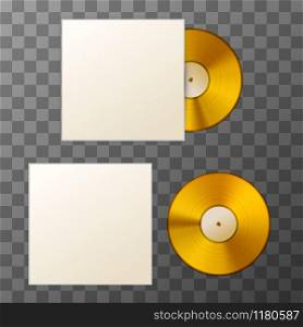 Mockup of blank golden album vinyl disc with cover on transparent background. Mockup of blank golden album vinyl disc with cover