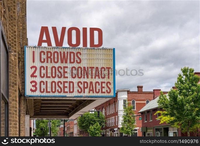 Mockup of movie cinema billboard with three C rules to avoid the coronavirus or Covid-19 of avoid crowds, close contact and closed spaces. Movie cinema billboard with avoid the coronavirus or Covid-19 epidemic by avoid crowds, close contact and closed spaces