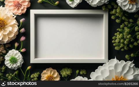 Mockup of picture frame decorated with spring flowers clean space for text on white background