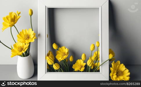 Mockup of picture frame decorated with spring flowers clean space for text on white background