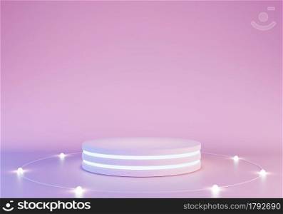 Mockup of platform award of blank product stand podium with neon lights on pastel colors background for presentation. 3d rendering illustration concept