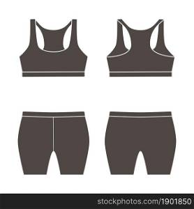 Mockup of set of sports underwear for women. Front and back views. Cartoon flat style. Vector illustration