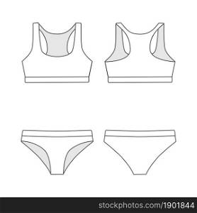 Mockup of set of sports underwear for women in linear style. Front and back views. Vector illustration. Flat style