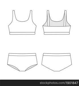 Mockup of set of sports underwear for women in linear style. Front and back views. Flat style. Vector illustration