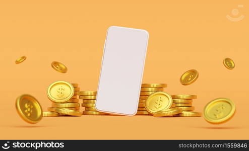 Mockup of smartphone surrounded by golden coin, 3d rendering