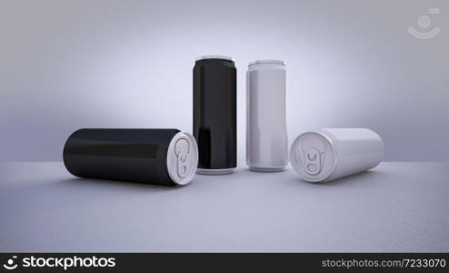 Mockup picture of 3d rendering of white and silver cans. smart object layer for customize your design.