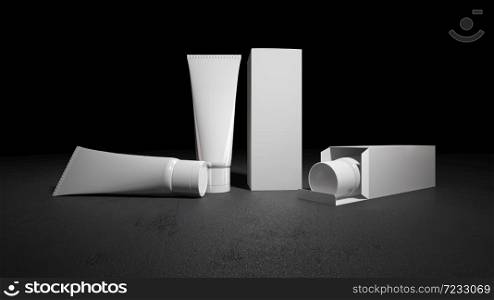 Mockup picture of 3d rendering of white foam tubes and boxes. smart object layer for customize your design.