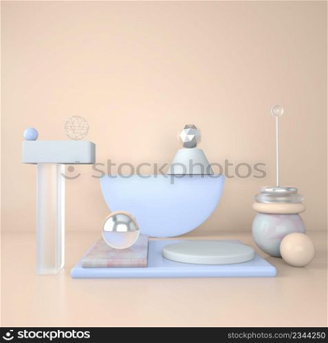 Mockup podium for branding. Light background and marble pedestal with geometric shapes. 3drendering.. Mockup podium for branding. Light background and marble pedestal with geometric shapes. 3d.