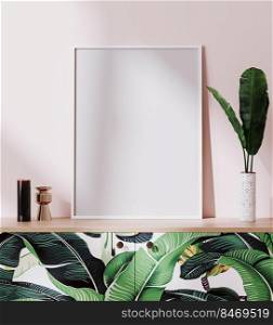 mockup poster frame in bright tropical style interior with pink wall, 3d rendering
