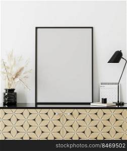 mockup poster frame in modern interior with white wall, table l&, calendar and golden print chest of drawers, home office cabinet interior, 3d rendering