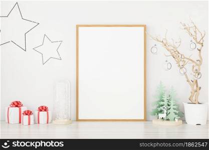 Mockup poster photo frame with christmas decoration. 3D rendered.