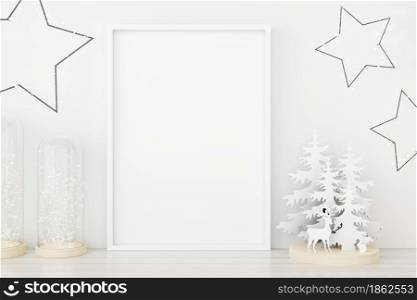 Mockup poster photo frame with christmas decoration. 3D rendered.