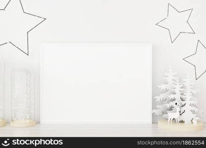 Mockup poster photo frame with christmas decoration. 3D rendered.