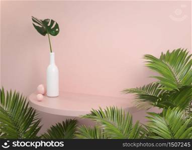 Mockup Shelf With Pastel Wall And Palm Leaf 3d render
