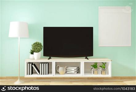 Mockup Smart Tv ,mint living room with decoraion zen style minimal design. 3d rendering