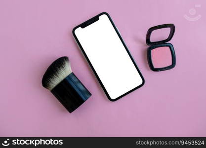 Mockup, smartphone, brush and blush on a pink background. Background for advertising.