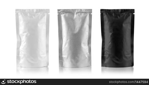 Mockup Stand Up Blank Bag black , gray and white For Coffee, Candy, Nuts, Spices, Self-Seal Zip Lock Foil Or Paper Food Pouch Snack Sachet Resealable PackagingWith clipping path