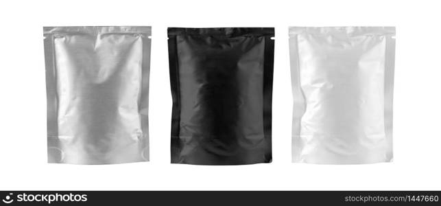 Mockup Stand Up Blank Bag black , gray and white For Coffee, Candy, Nuts, Spices, Self-Seal Zip Lock Foil Or Paper Food Pouch Snack Sachet Resealable Packaging