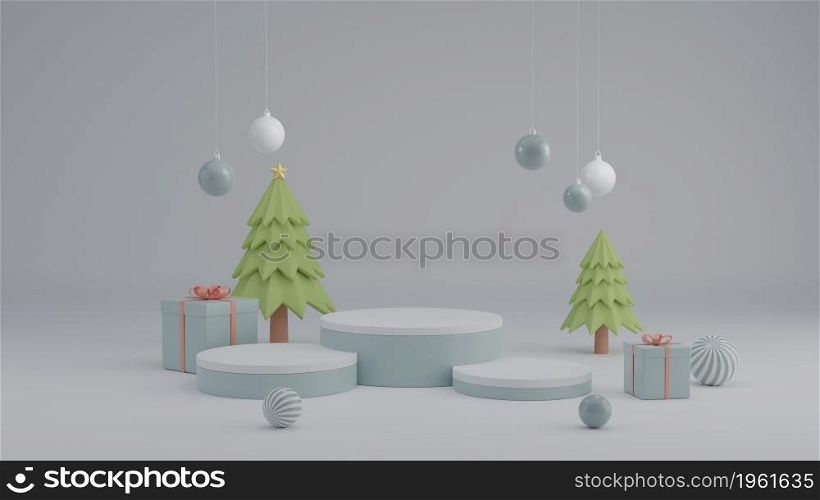 Mockup step podium merry Christmas and happy new year festival showcase stage concept background 3D rendering illustration